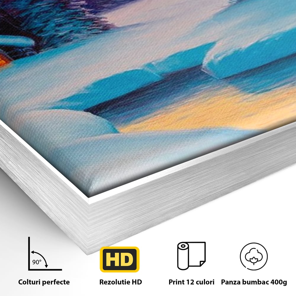 Detaliu al suprafetei: pictura cu cabana inzapezita si parau, in rama de aluminiu argintiu